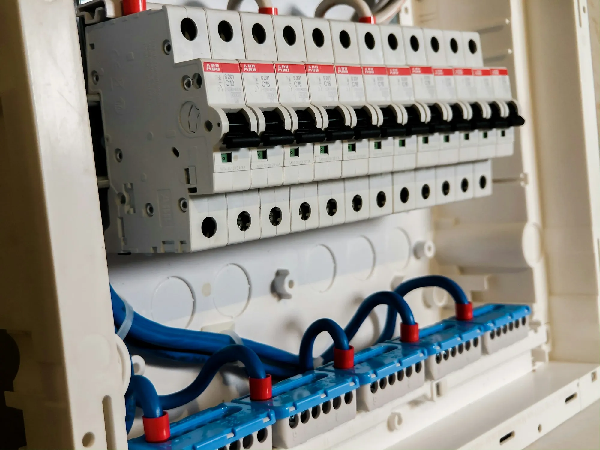 Rows of breakers in an electrical panel