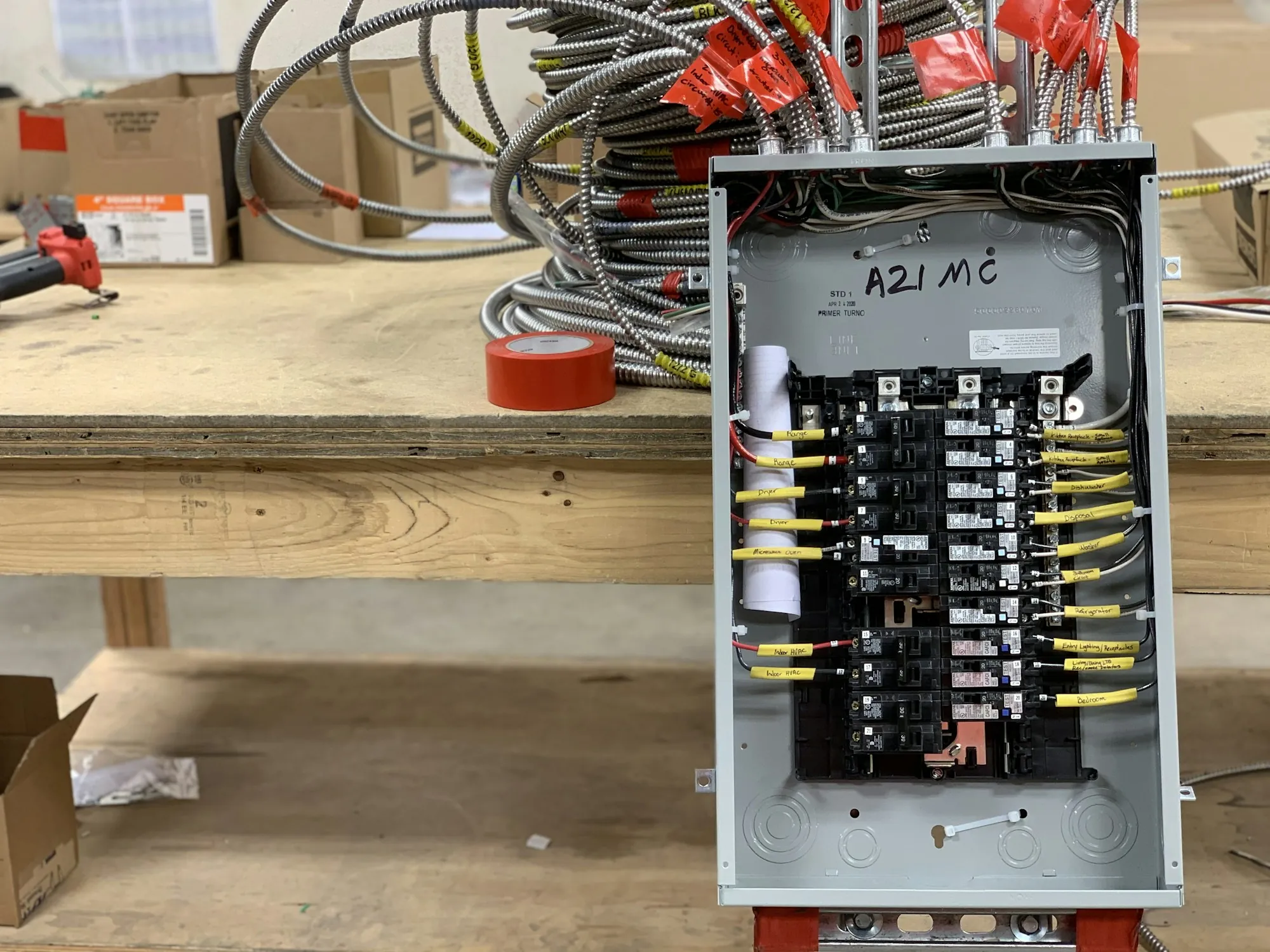 New residential electrical panel on a workbench