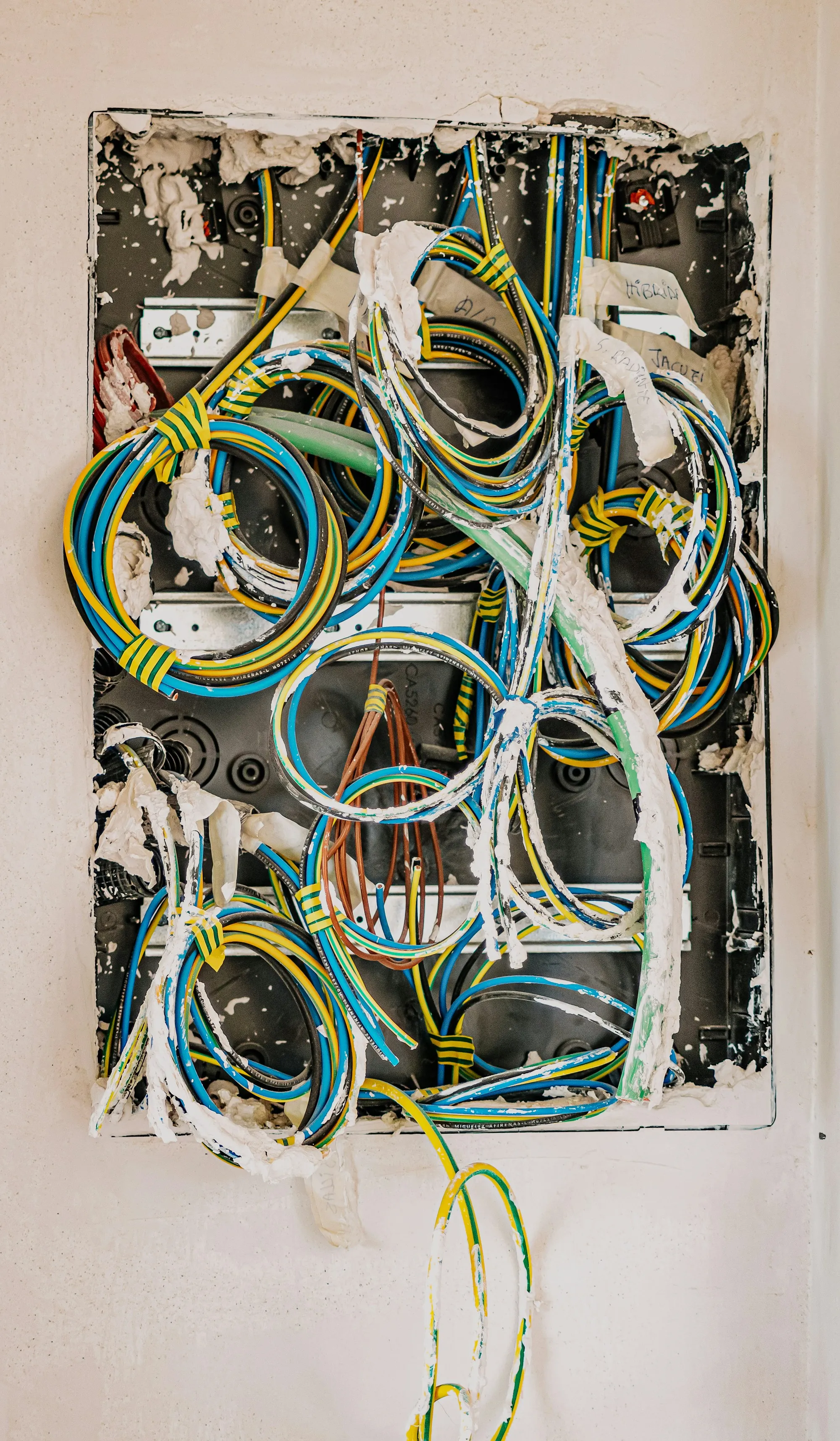 Junction box with wiring exposed during a rewire